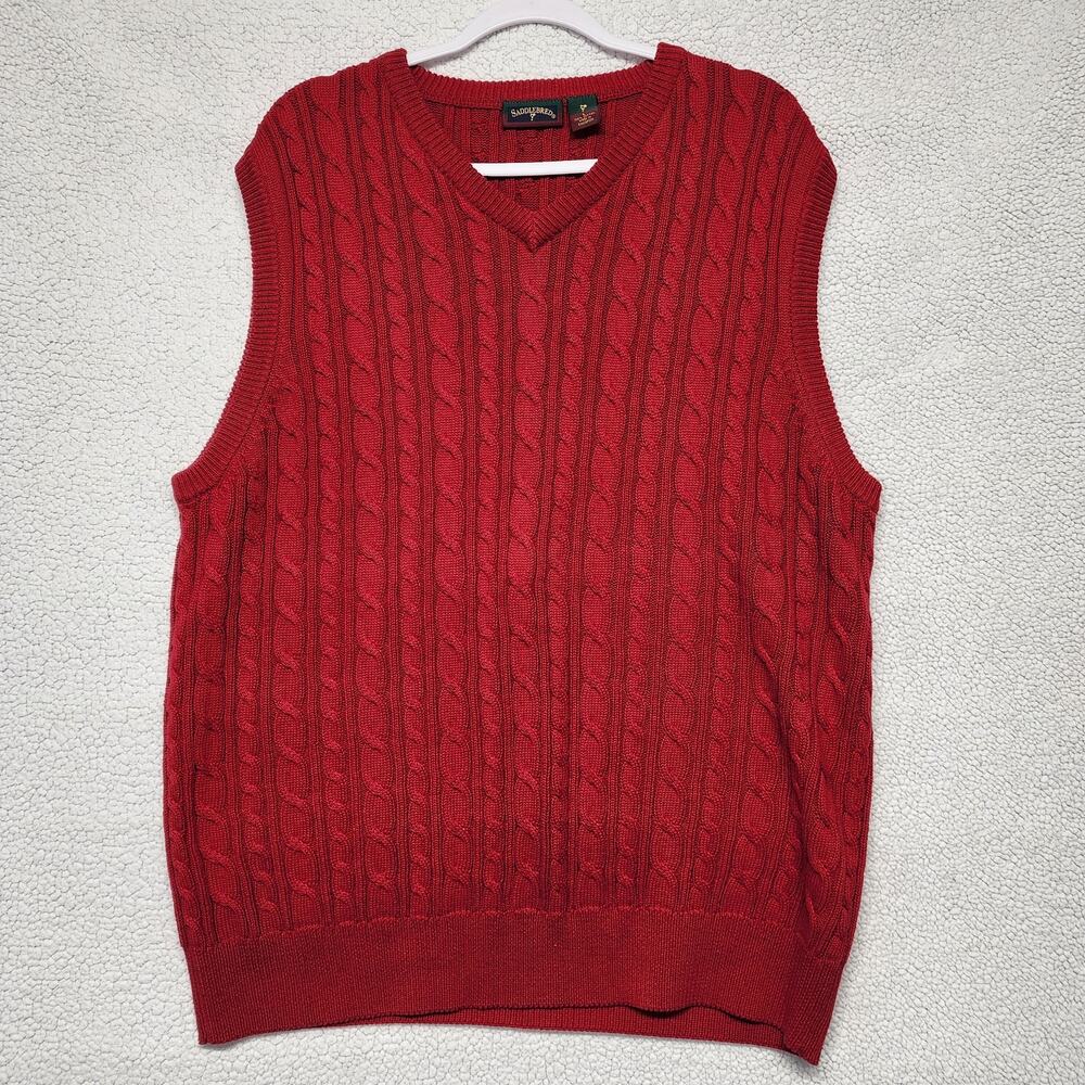 Saddlebred Mens Red Cable Knit Sweater Vest Sz L V-neck Dad Preppy Academia Vtg
